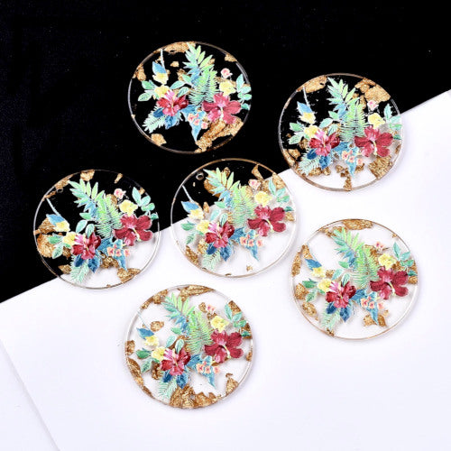 Pendants, Resin, Round, Coin, Transparent, Printed, 3D, Floral, Gold Foil, Focal, 39-40mm - BEADED CREATIONS