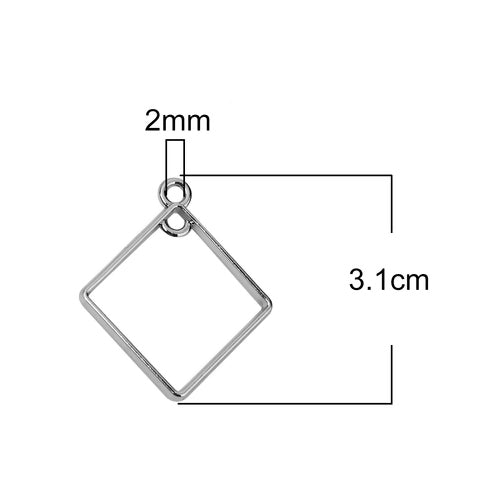 Pendants, Rhombus, Open, With Double Loop, Silver Tone, Alloy, Focal, Drop, 31mm - BEADED CREATIONS
