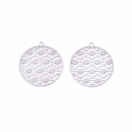 Pendants, Round, 201 Stainless Steel, Flower Of Life, Etched, Filigree, Silver Tone, 21.5mm - BEADED CREATIONS