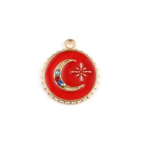 Pendants, Round, Crescent Moon, North Star, Red, Enameled, Multicolored, Rhinestones, Gold Plated, Alloy, 19mm - BEADED CREATIONS