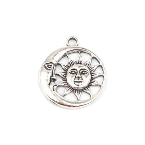 Pendants, Round, Single-Sided, Celestial, Sun And Moon Face, Antique Silver, 29mm - BEADED CREATIONS