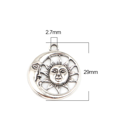 Pendants, Round, Single-Sided, Celestial, Sun And Moon Face, Antique Silver, 29mm - BEADED CREATIONS