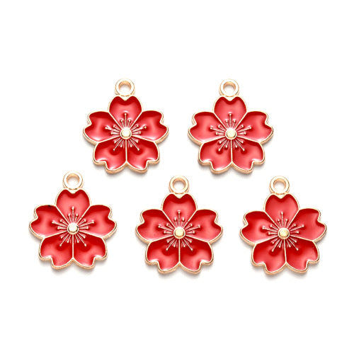 Pendants, Sakura Flower, Single-Sided, Red, Enameled, Light Gold Plated, Alloy, 20.5mm - BEADED CREATIONS