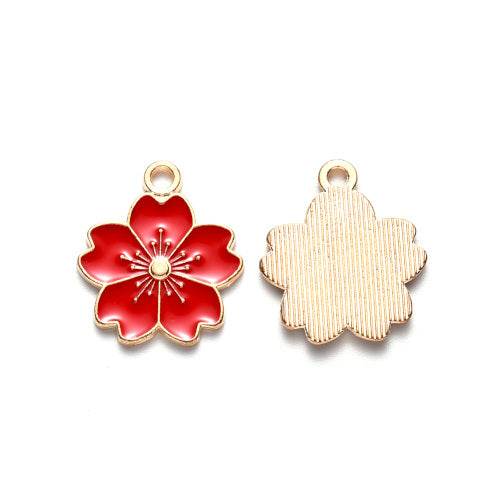 Pendants, Sakura Flower, Single-Sided, Red, Enameled, Light Gold Plated, Alloy, 20.5mm - BEADED CREATIONS