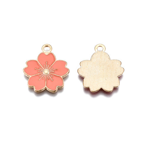 Pendants, Sakura Flower, Single-Sided, Salmon, Enameled, Light Gold Plated, Alloy, 20.5mm - BEADED CREATIONS