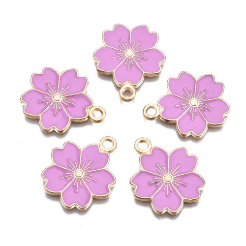 Pendants, Sakura Flower, Single-Sided, Violet, Enameled, Light Gold Plated, Alloy, 20.5mm - BEADED CREATIONS