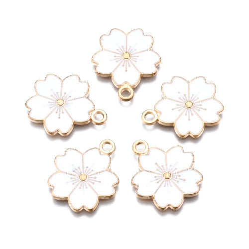 Pendants, Sakura Flower, Single-Sided, White, Enameled, Light Gold Plated, Alloy, 20.5mm - BEADED CREATIONS