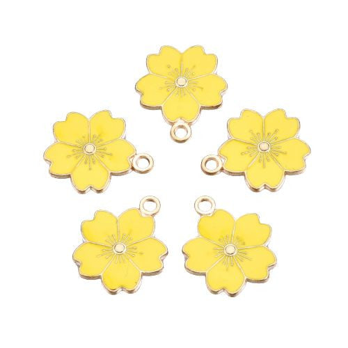 Pendants, Sakura Flower, Single-Sided, Yellow, Enameled, Light Gold Plated, Alloy, 20.5mm - BEADED CREATIONS