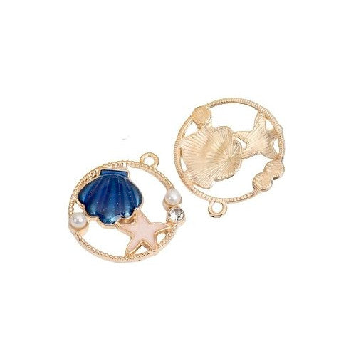 Pendants, Shell, Starfish, Round, Openwork, Gold Plated, Alloy, Blue, Enamel, White, Faux Pearls, Clear Rhinestone, 28mm - BEADED CREATIONS