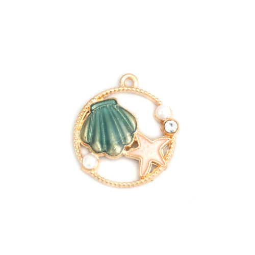 Pendants, Shell, Starfish, Round, Openwork, Gold Plated, Alloy, Green, Enamel, White, Faux Pearls, Clear Rhinestone, 28mm - BEADED CREATIONS