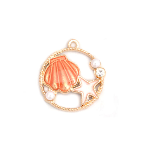 Pendants, Shell, Starfish, Round, Openwork, Gold Plated, Alloy, Orange, Enamel, White, Faux Pearls, Clear Rhinestone, 28mm - BEADED CREATIONS