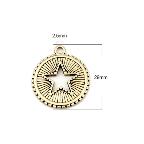 Pendants, Star, Flat, Round, Laser-Cut, Antique Gold, Plated, Alloy, 29mm - BEADED CREATIONS