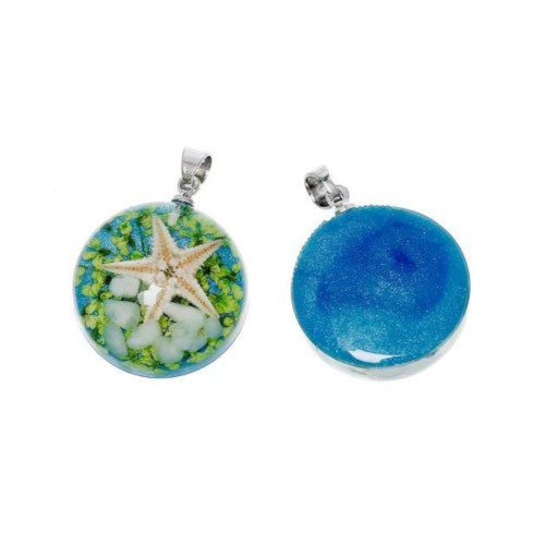 Pendants, Starfish And Shells, Transparent, Blue, Round, Resin, With Bail 27mm - BEADED CREATIONS