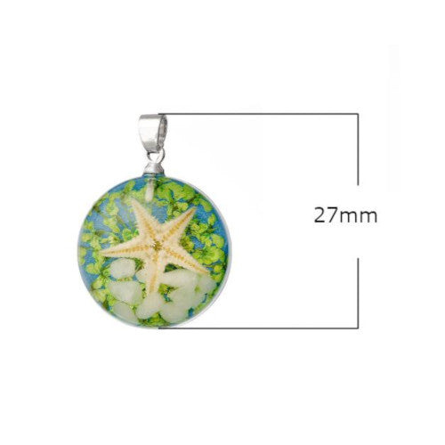 Pendants, Starfish And Shells, Transparent, Blue, Round, Resin, With Bail 27mm - BEADED CREATIONS