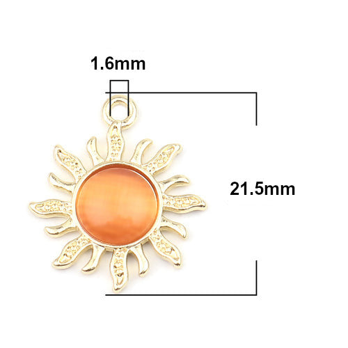 Pendants, Sun, Single-Sided, Orange, Cat Eye, Golden, Alloy, 21.5mm - BEADED CREATIONS