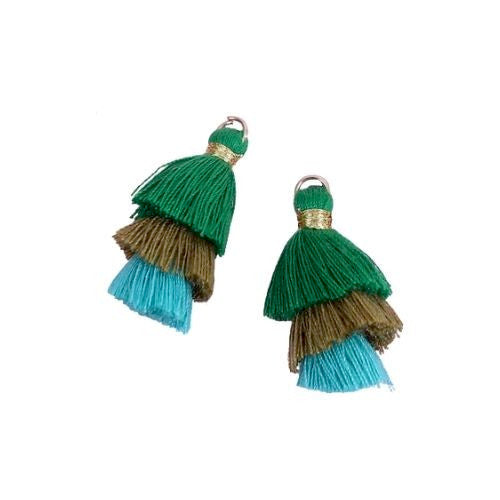 Pendants, Tassels, Multi Layer, With Jump Ring, Green, Khaki, Blue, Cotton, 33mm - BEADED CREATIONS