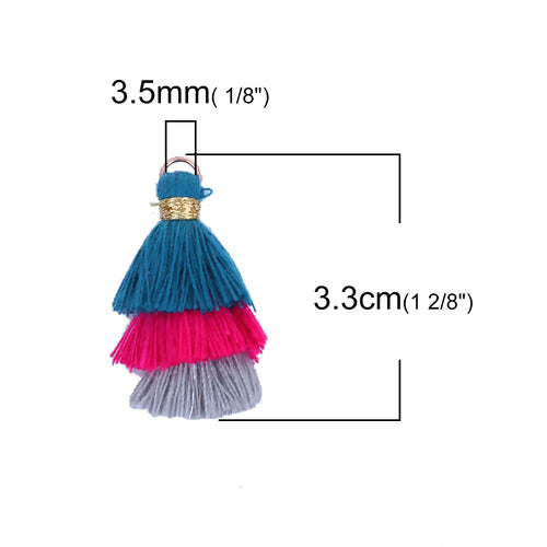 Pendants, Tassels, Multi Layer, With Jump Ring, Teal, Fuchsia, Grey, Cotton, 33mm - BEADED CREATIONS