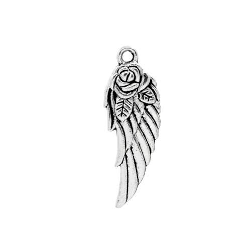 Pendants, Tibetan Style, Angel Wing, Double-Sided, Antique Silver, Ornate, Flower, 31mm - BEADED CREATIONS