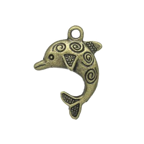 Pendants, Tibetan Style, Dolphin, Single-Sided, Scroll Engraving, Antique Bronze, Alloy, 3.1cm - BEADED CREATIONS