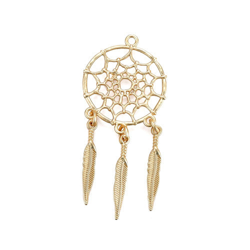 Pendants, Tibetan Style, Dream Catcher, Double-Sided, 18K Gold Plated, Matte Gold, Alloy, 63mm - BEADED CREATIONS