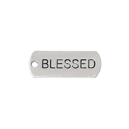 Pendants, Tibetan Style, Rectangle, With Word Blessed, Affirmation, Antique Silver, Alloy, 21mm - BEADED CREATIONS