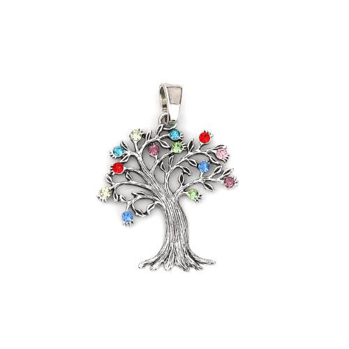 Pendants, Tree Of Life, Multicolored, Rhinestones, Antique Silver, Alloy, Focal, 69mm - BEADED CREATIONS