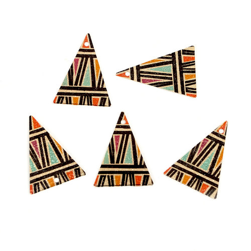 Pendants, Triangle, African Print, Etched, Multicolored, Gold Plated, Sparkle Dust, Brass, 25mm - BEADED CREATIONS