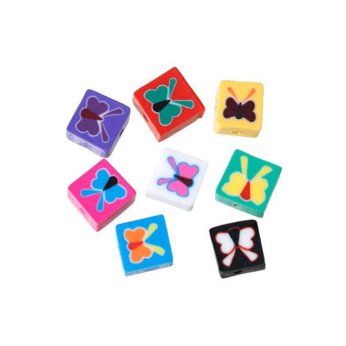 Polymer Clay Beads, Butterfly, Flat, Square, Multicolored, 9mm - BEADED CREATIONS