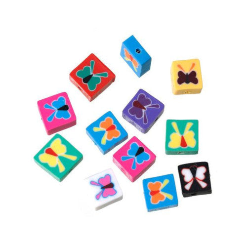 Polymer Clay Beads, Butterfly, Flat, Square, Multicolored, 9mm - BEADED CREATIONS