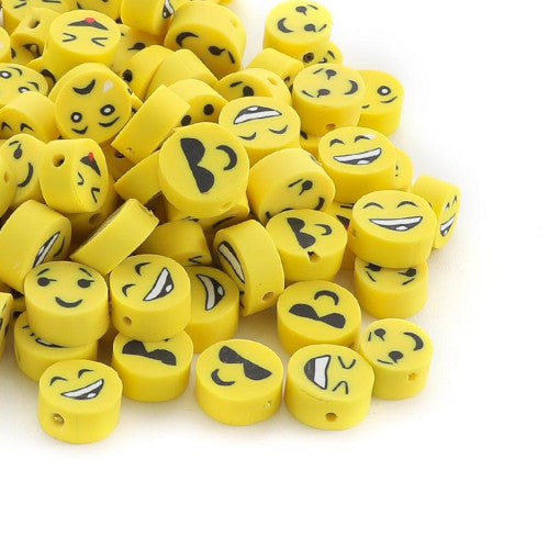 Polymer Clay Beads, Emoji, Emoticons, Flat, Round, Assorted, Yellow, 10mm - BEADED CREATIONS