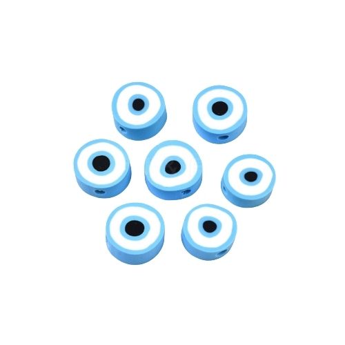 Polymer Clay Beads, Evil Eye, Flat, Round, Sky Blue, 10mm - BEADED CREATIONS