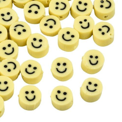 Polymer Clay Beads, Smiley Face, Flat, Round, Yellow, 5mm - BEADED CREATIONS