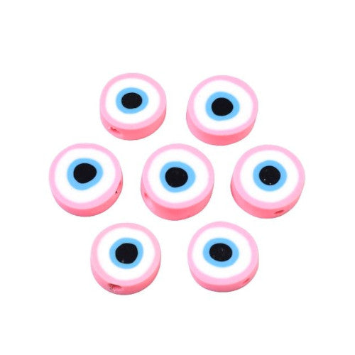 Polymer Clay Beads, Evil Eye, Flat, Round, Pink, 10mm - BEADED CREATIONS