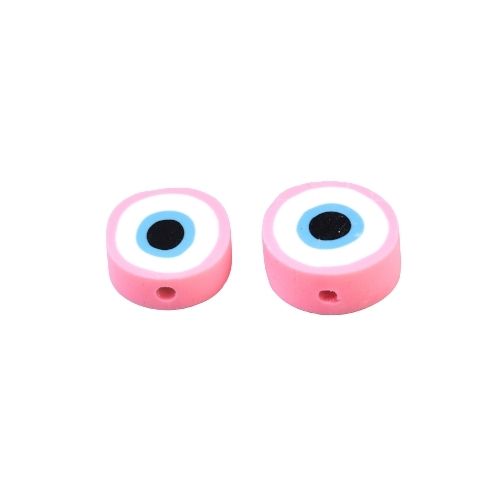 Polymer Clay Beads, Evil Eye, Flat, Round, Pink, 10mm - BEADED CREATIONS