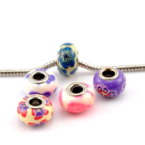 Polymer Clay Beads, Large Hole, Rondelle, Assorted, Floral, 15mm - BEADED CREATIONS