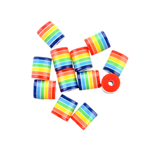 Resin Beads, Opaque, Rainbow, Striped, Multicolored, Barrel, 9mm - BEADED CREATIONS