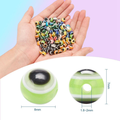 Resin Beads, Round, Evil Eye, 10 Colors, Assorted, 8mm - BEADED CREATIONS