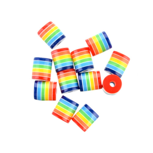 Resin Beads, Barrel, Striped, Opaque, Rainbow, 9mm - BEADED CREATIONS