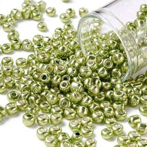 Seed Beads, Glass, Opaque, Metallic, Green, #6, Round, 4mm - BEADED CREATIONS