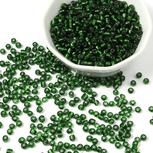 Seed Beads, Glass, Silver Lined, Dark Green, #6, Round, 4mm - BEADED CREATIONS