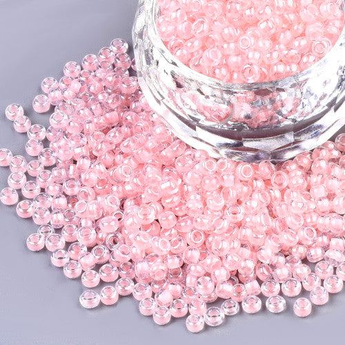 Seed Beads, Glass, Transparent, Inside Color, Pink, Luster, #8, Round, 3mm - BEADED CREATIONS