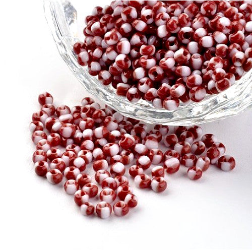 Seed Beads, Two-Tone, Seep Glass Beads, Round, Opaque, Firebrick, White, #8, 3mm - BEADED CREATIONS