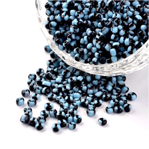 Seed Beads, Two-Tone, Seep Glass Beads, Round, Opaque, Light Blue, Black, #8, 3mm - BEADED CREATIONS
