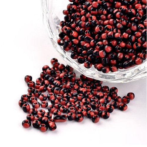 Seed Beads, Two-Tone, Seep Glass Beads, Round, Opaque, Red, Black, #8, 3mm - BEADED CREATIONS