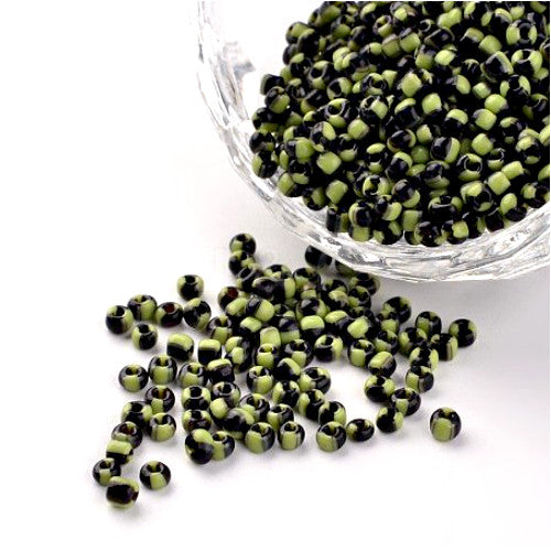 Seed Beads, Two-Tone, Seep Glass Beads, Round, Opaque, Spring Green, Black, #8, 3mm - BEADED CREATIONS