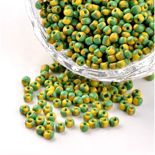 Seed Beads, Two-Tone, Seep Glass Beads, Round, Opaque, Spring Green, Yellow, #8, 3mm - BEADED CREATIONS