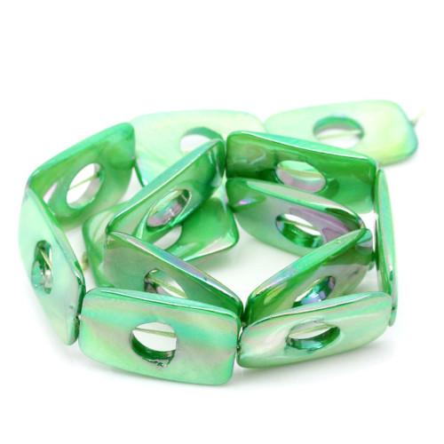 Shell Beads, Mother Of Pearl, Green, AB, Dyed, Flat, Rectangle With Center Opening, 3cm - BEADED CREATIONS