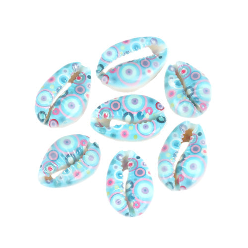 Shell Beads, Natural, Cowrie, Conch Shell, Blue, Circle Pattern, Painted, 25mm - BEADED CREATIONS