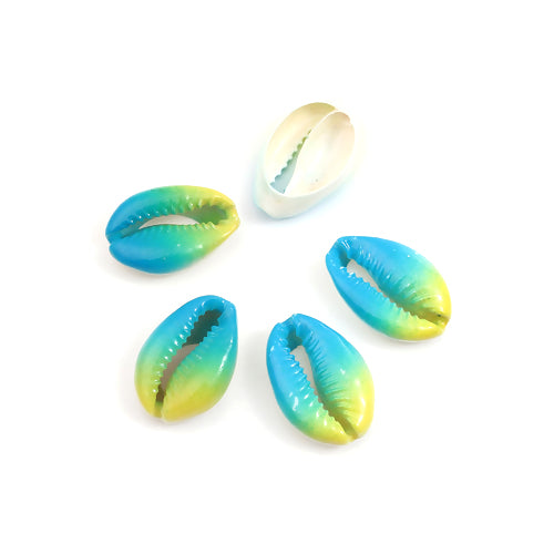 Shell Beads, Natural, Cowrie, Conch Shell, Dyed, Yellow And Blue, Ombre, 23mm. Sold Individually - BEADED CREATIONS