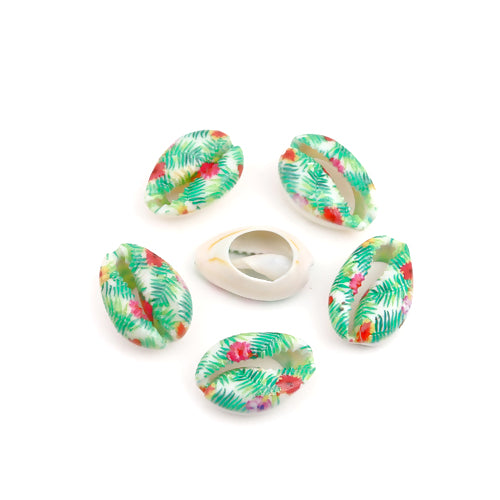 Shell Beads, Natural, Cowrie, Conch Shell, Light Green, Red, Flowers, Leaves, 25mm - BEADED CREATIONS